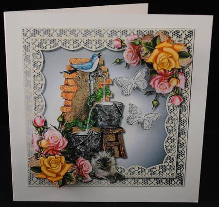 Beautiful Garden, Fountain & Roses in Lace Frame by Yvonne Middleton