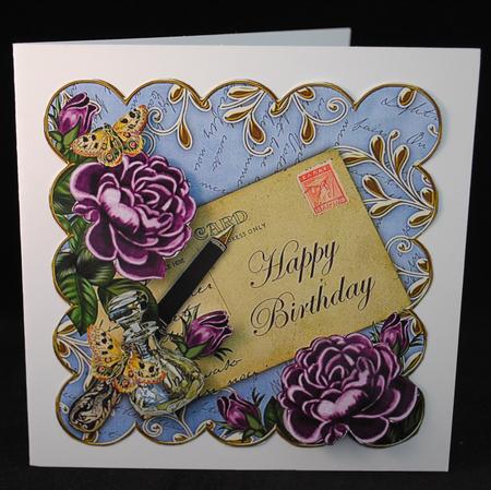 Purple Roses Blue Happy Birthday 8in Decoupage Topper by Yvonne Middleton