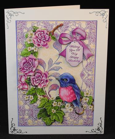 Lilac Bird with Roses Card Front by Yvonne Middleton