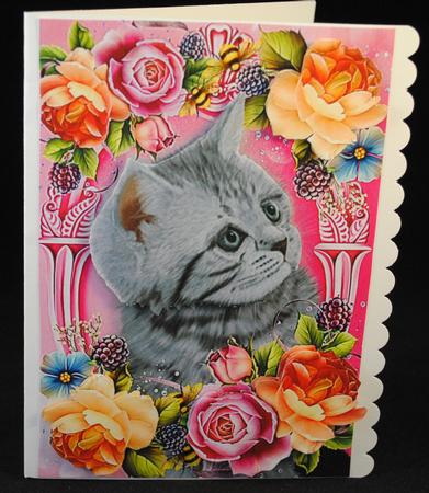 Grey Cat in Lovely Summer Flowers by Yvonne Middleton