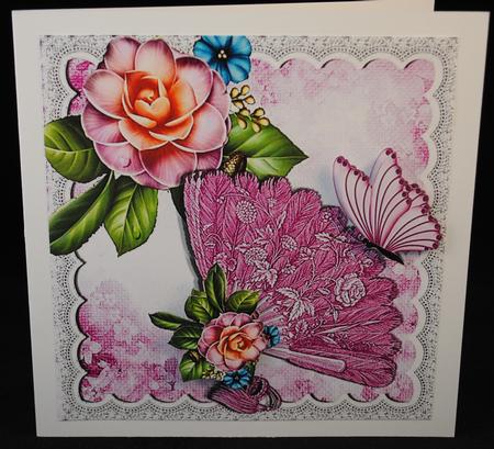 Vintage Pink Lace Fan with Butterflies & Roses 8x8 by Yvonne Middleton
