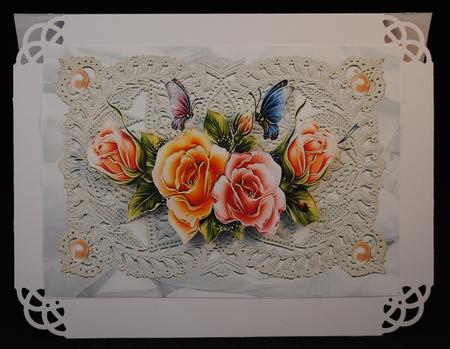 Vintage Ecru Lace with Pearls and Peach/pink Roses by Yvonne Middleton