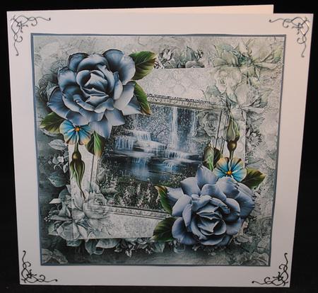 Waterfall Cards with Blue Rose Amd Decoupage by Yvonne Middleton