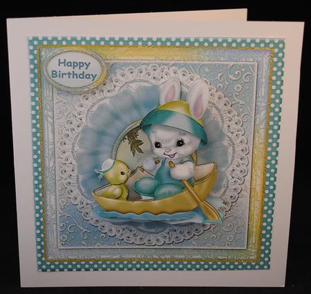 Bunny and Chick Rowing Card Front by Yvonne Middleton