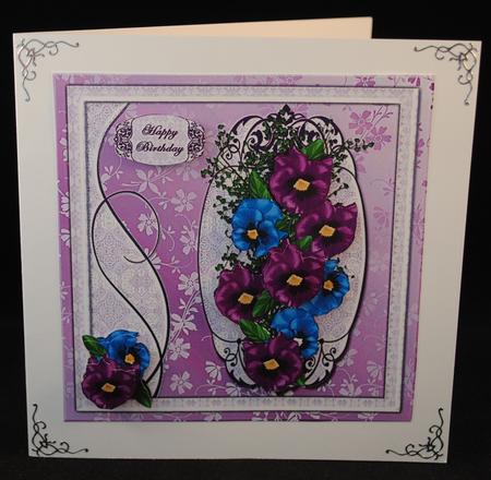 Pansies Scroll Border Lilac Card Front by Yvonne Middleton