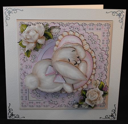 Pink Puppy on Cushion Square Card Front by Yvonne Middleton