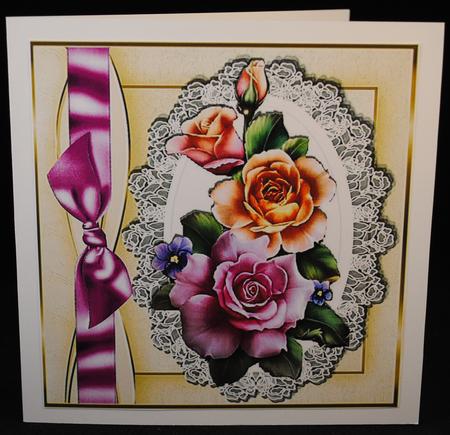 Pretty Pink/peach Roses on Lace with Bow 8x8 by Yvonne Middleton