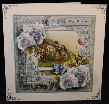 Cottage and Blue Rose Card with Decoupage by Yvonne Middleton