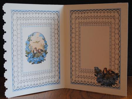 Vintage Birds with Blue For-get-me-nots, on Lace A5 Insert by Yvonne Middleton