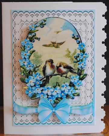 Vintage Birds with Blue For-get-me-nots, on Lace with Bow by Yvonne Middleton