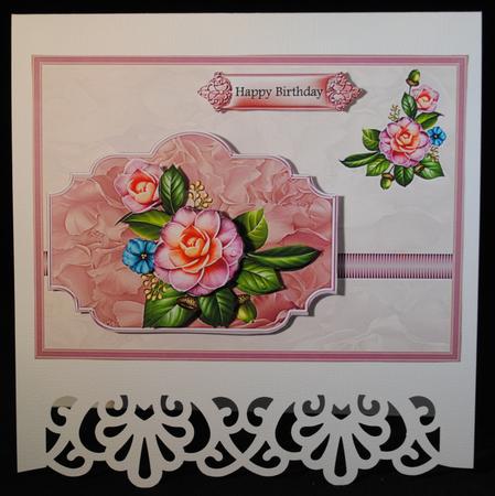 Pink Camelia Card with Decoupage and Sentiment Tags by Yvonne Middleton