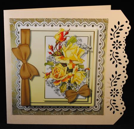 Lovely Yellow Roses and Ribbon Bow on Lace  by Yvonne Middleton