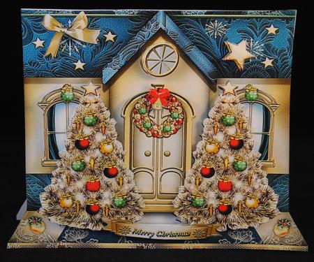 Festive Christmas House with Golden Trees Card by Yvonne Middleton