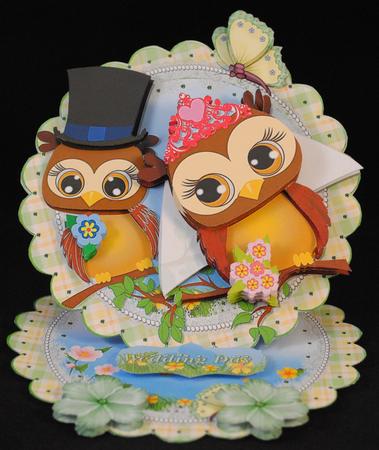Owl Wedding Bride and Groom Scalloped Round Easel Card by Yvonne Middleton