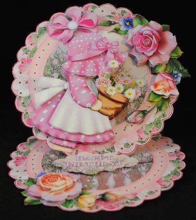 Little Flower Lady in the Pink Scalloped Round Easel Card by Yvonne Middleton