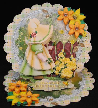 Little Flower Lady in Lemon Scalloped Round Easel Card by Yvonne Middleton