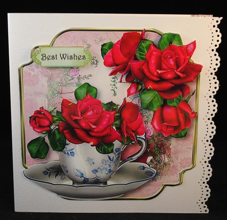Teacup, Saucer & Celebration Roses - Shaped Topper by Yvonne Middleton