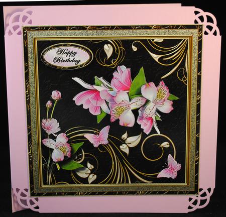 Pink Flowers on Black and Gold Large Card Front by Yvonne Middleton