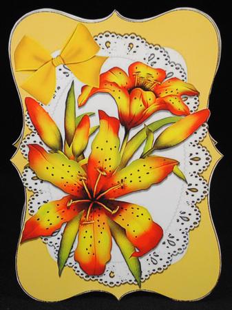 Yellow Tiger Lillies on Lace with Bracket Card & Insert by Yvonne Middleton