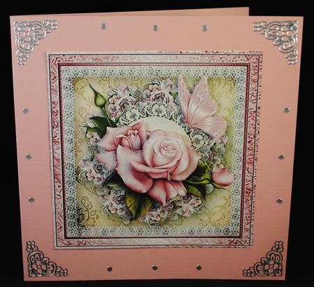Pink Rose and Butterfly 7x7 Card with Decoupage by Yvonne Middleton