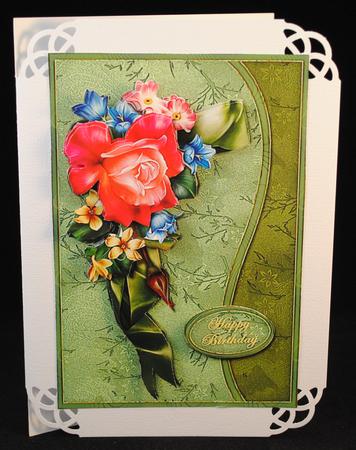 Rose and Ribbon Waved Border Card Front by Yvonne Middleton