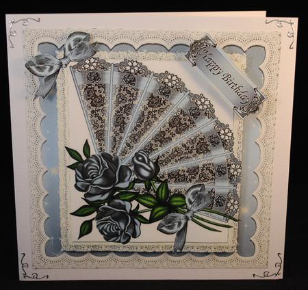Pretty Silver Blue Lace Fan with Roses, in Lace Frame 8x8 by Yvonne Middleton