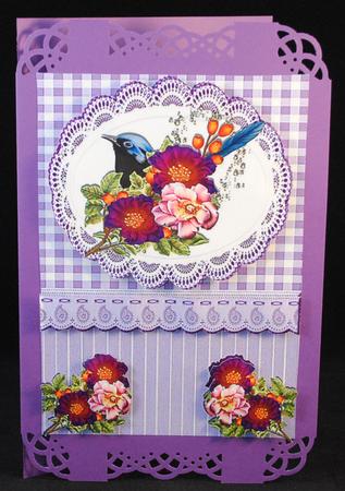 Blue Bird with Flowers, Lace and Lilac Gingham Card/topper by Yvonne Middleton