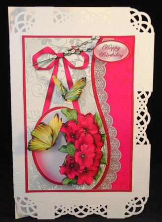 Cerise Flowers and Butterflies Waved Border Card Front by Yvonne Middleton