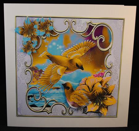 Pretty Birds in Gold with Fantasy Flowers 8x8 by Yvonne Middleton