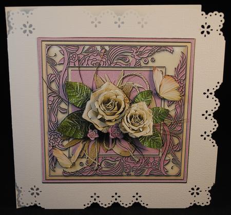 Cream Roses in Ornate Frame Square Card Front by Yvonne Middleton