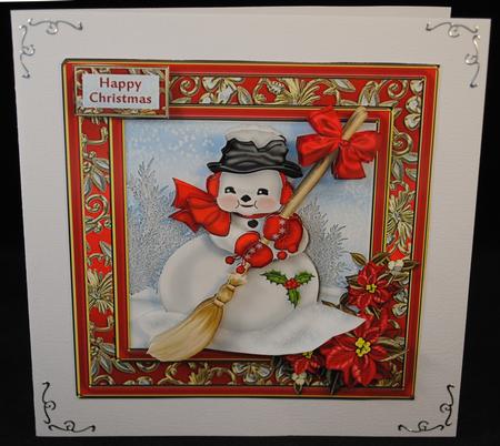 Sweeping Snowman and Poinsettia Red Card Front by Yvonne Middleton
