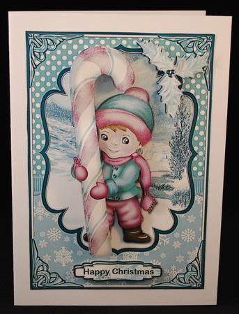 Boy with Candy Cane Christmas Card Front by Yvonne Middleton