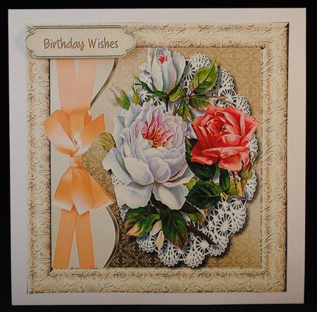 Beautiful Cream and Pink Roses on Cut Out Lace  by Yvonne Middleton
