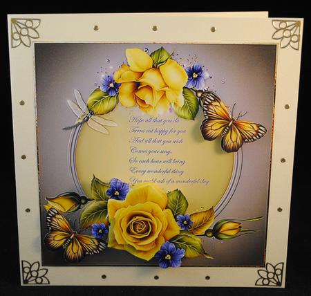 Yellow Rose and Butterfly 7x7 Card with Decoupage by Yvonne Middleton