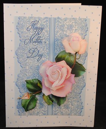 Roses on Lace - Pale Pink on Blue - Mothers Day by Yvonne Middleton