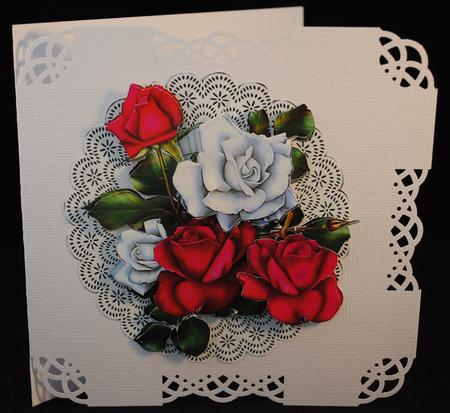 Pretty Red and White Roses on Lace Doilie with Butterflies by Yvonne Middleton