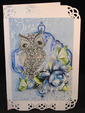 Diamond Owl with Blue Roses A4 by Yvonne Middleton