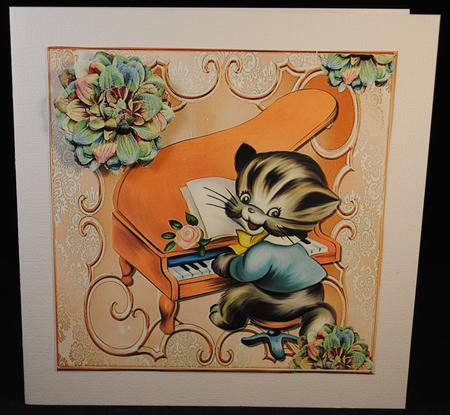 Cute Kitty Playing the Peach Piano with Flowers 8x8 by Yvonne Middleton
