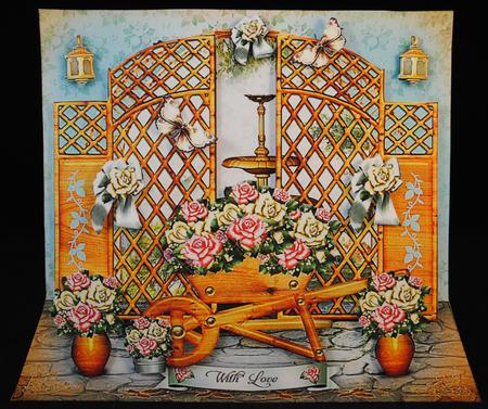 Garden with Wooden Fence and Wheelbarrow Card by Yvonne Middleton