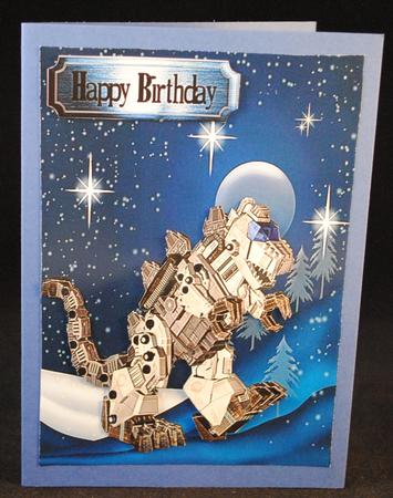 Metallic Dinasaur Robot Walking , with Moon and Stars by Yvonne Middleton