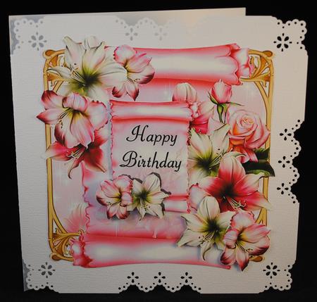 Birthday Amaryllis & Rose Scroll - Quick Topper by Yvonne Middleton