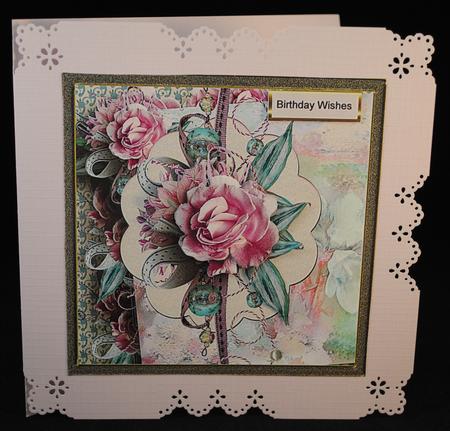 Pink Rose 7x7 Card with Decoupage and Sentiment Tags by Yvonne Middleton