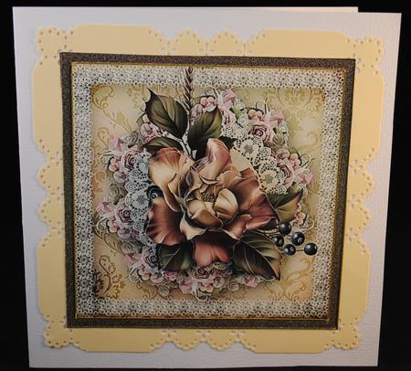 Rose Dusk 7x7 Card with Decoupage and Sentiment Tags by Yvonne Middleton