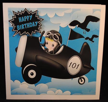 Pilot Flying in the Clouds in Black Plane with Gulls 8x8 by Yvonne Middleton