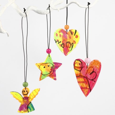 A Wooden Hanging Decoration painted with Oil Pastels