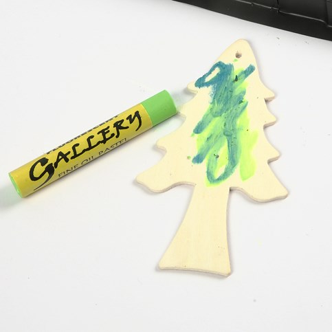 A Wooden Hanging Decoration painted with Oil Pastels