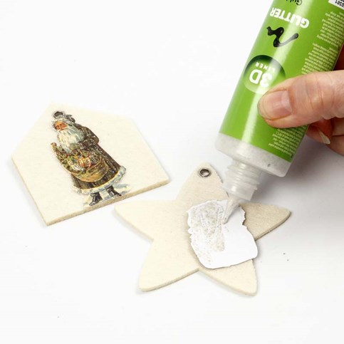 Filtfigursoph ng med glansbillede, guldglitter og perler