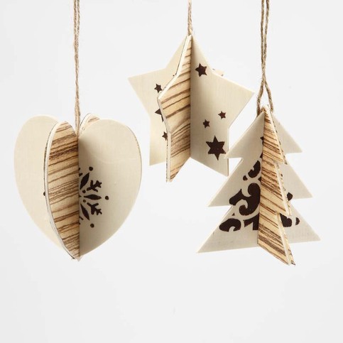Two-Part Hanging Decoration with Wood Veneer and Graphic Christmas Designs