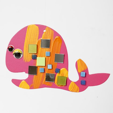 A flat wooden decorative Shape – painted and decorated with Mosaics