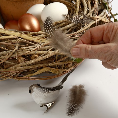 A natural Wreath decorated with Birds, Feathers and Eggs